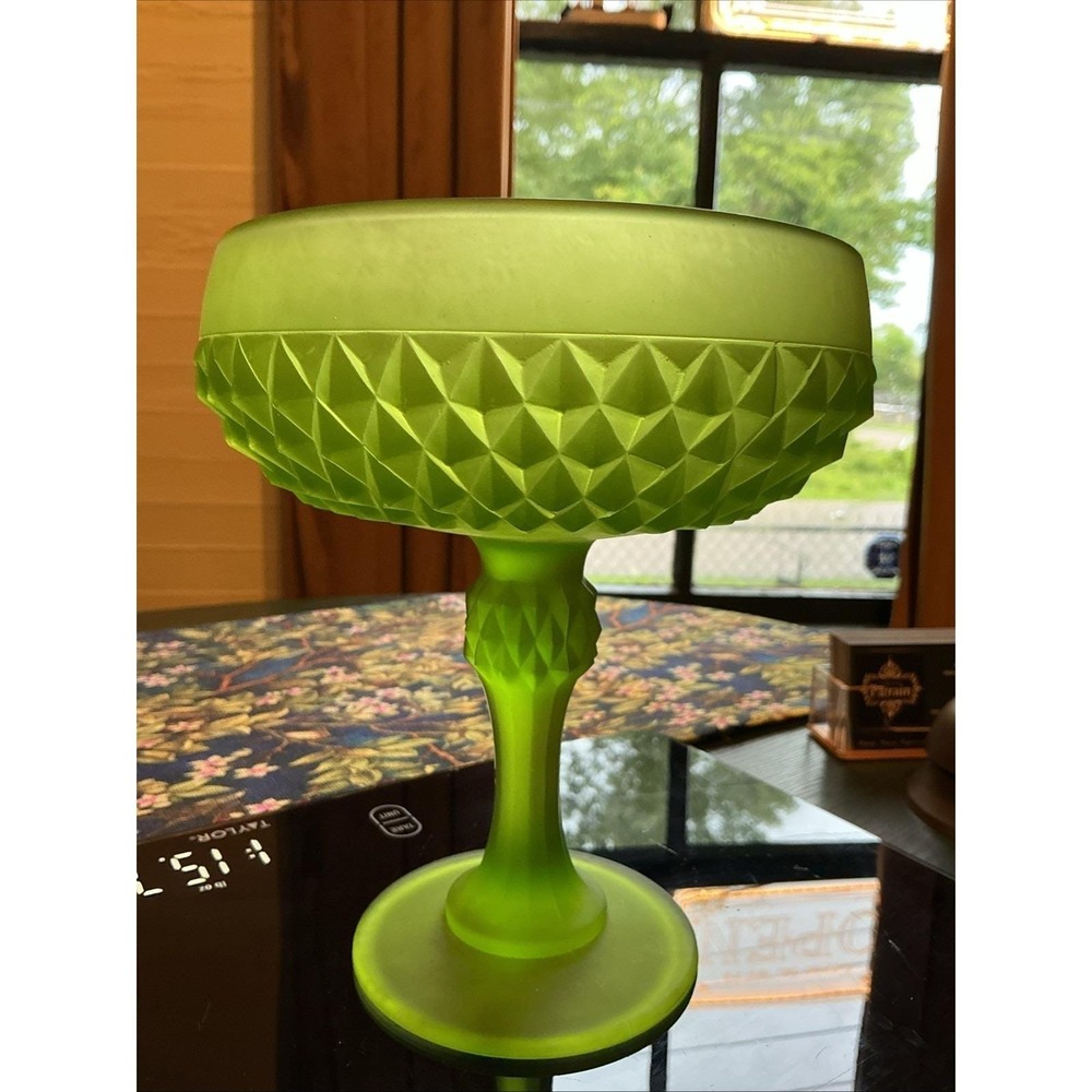 VTG 7.25" Indiana glass Diamond Point Satin Frosted Green Pedestal Compote